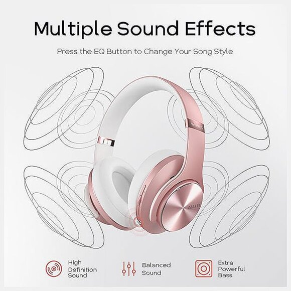 Bluetooth Headphones Over-Ear, 90 Hrs Playtime Wireless Headphones Rose Gold - Picture 3 of 7